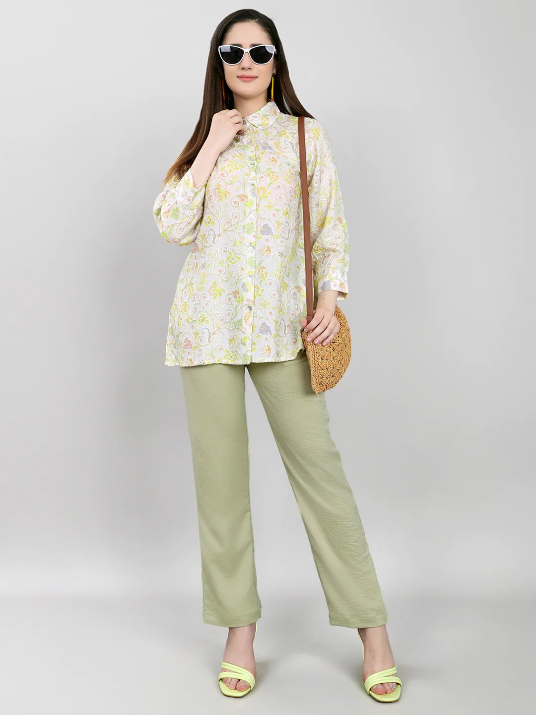 Women Beige Embroidered Collar 3/4th Sleeve Cords Set - Image 6