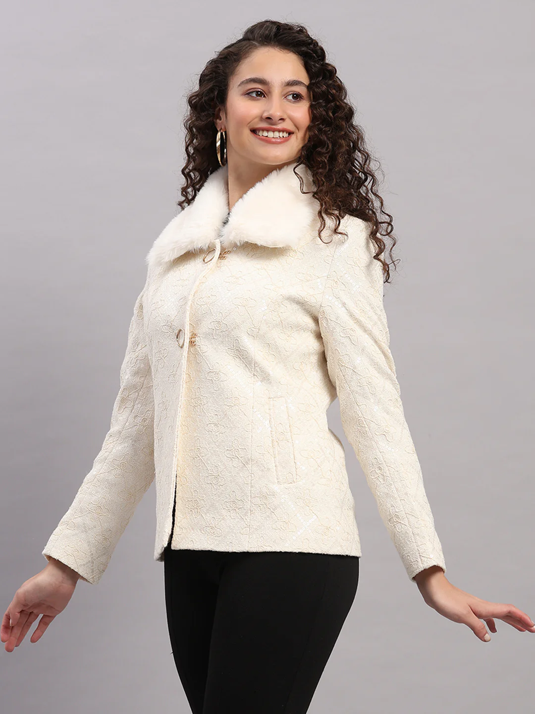 Women Beige Embroidered Collar Full Sleeve Coat - Image 3