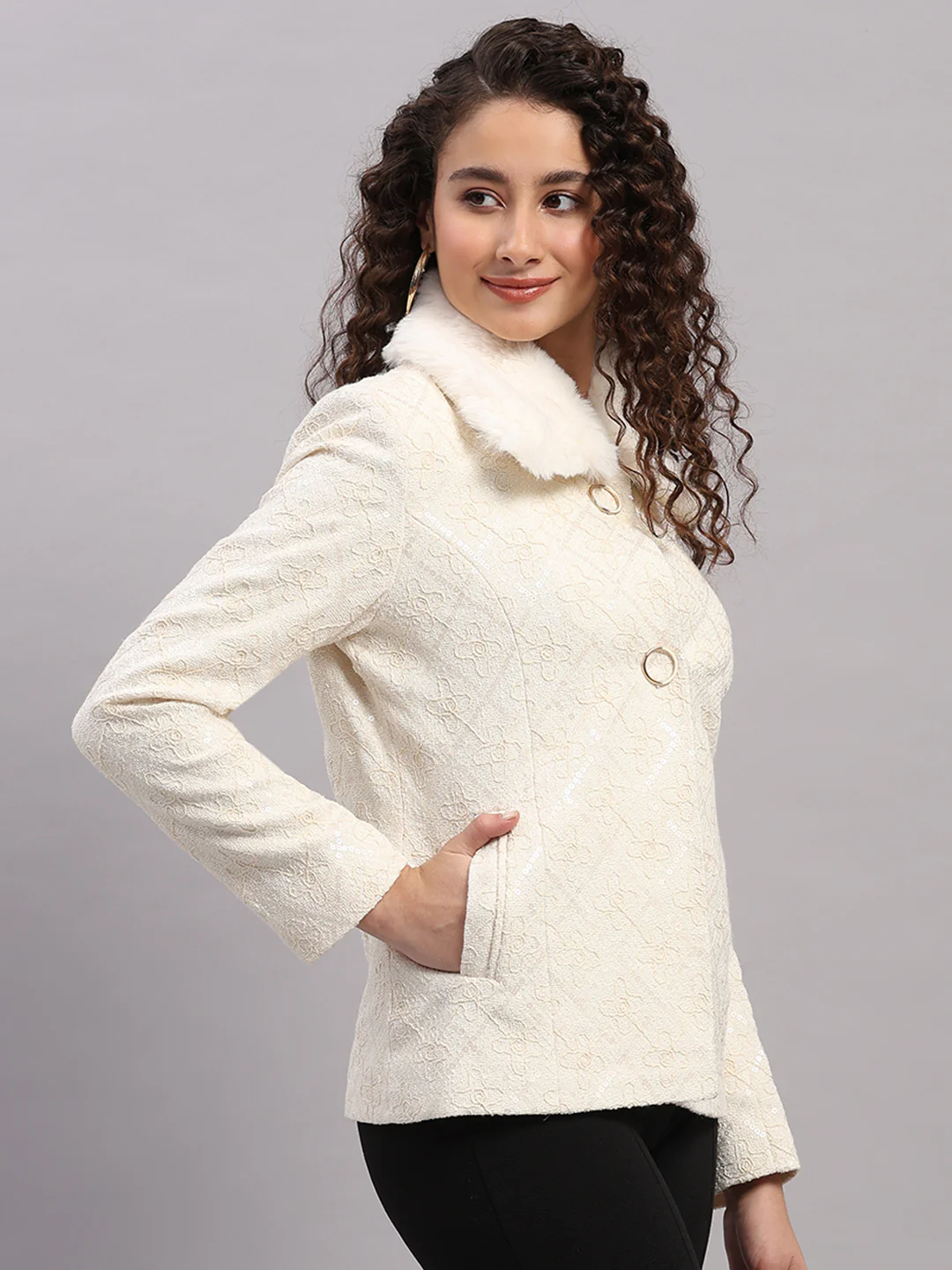 Women Beige Embroidered Collar Full Sleeve Coat - Image 4