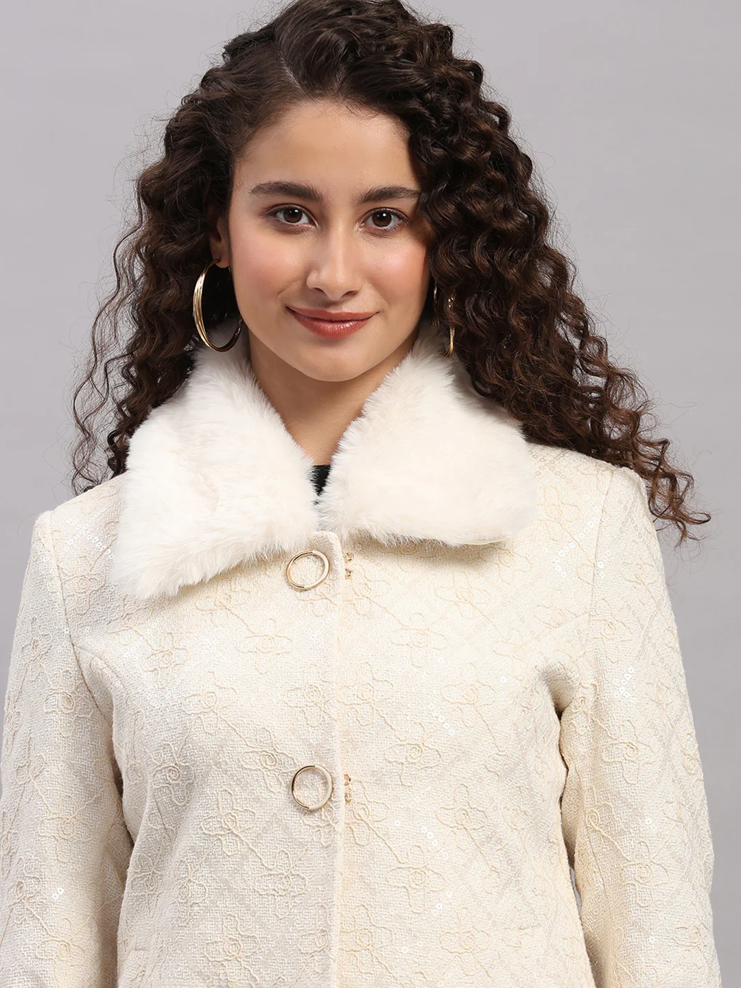 Women Beige Embroidered Collar Full Sleeve Coat - Image 7