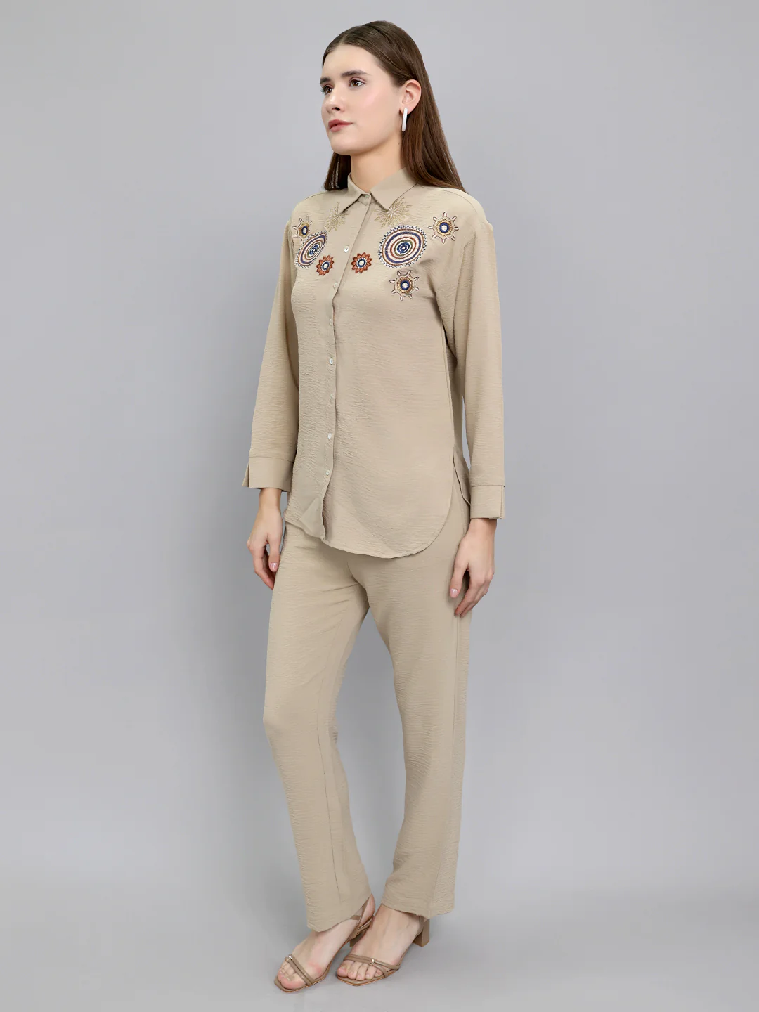 Women Beige Embroidered Collar Full Sleeve Cords Set - Image 2