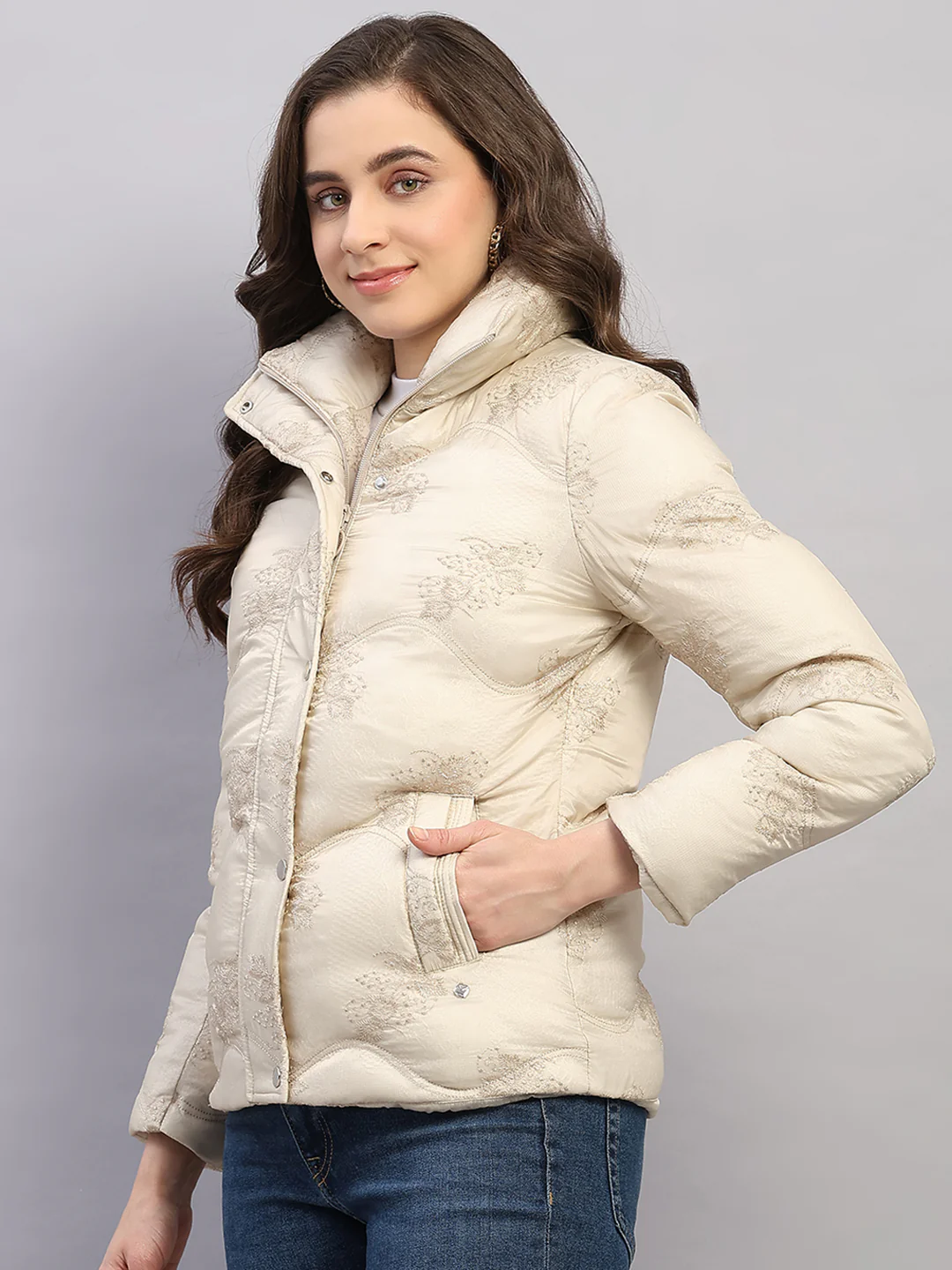 Women Beige Embroidered Collar Full Sleeve Jacket - Image 3