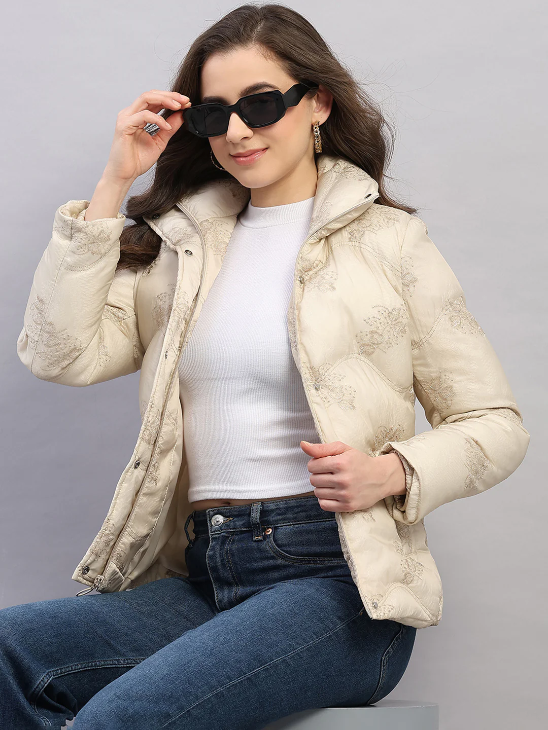 Women Beige Embroidered Collar Full Sleeve Jacket - Image 6