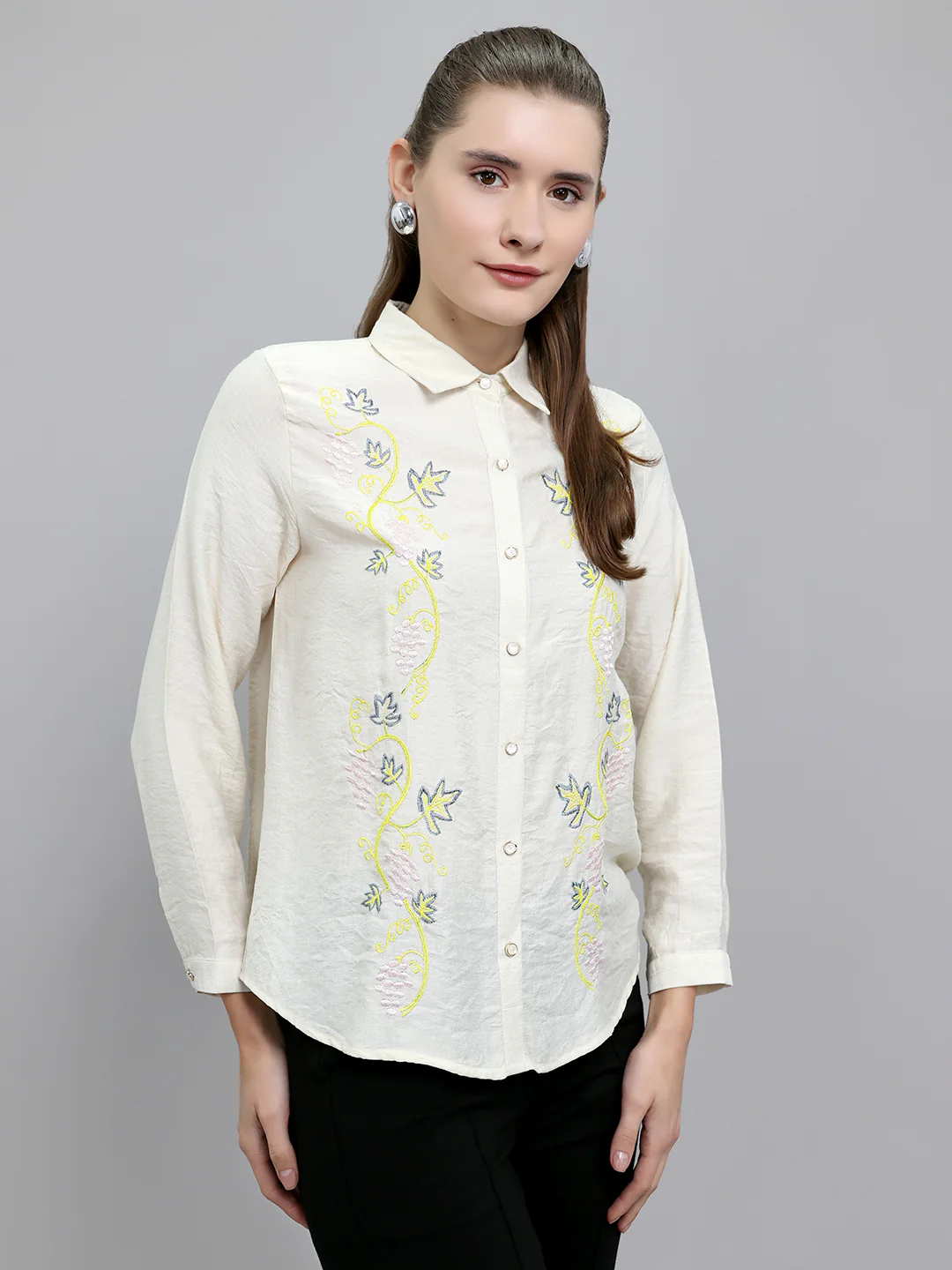 Women Beige Embroidered Collar Full Sleeve Top - Image 3