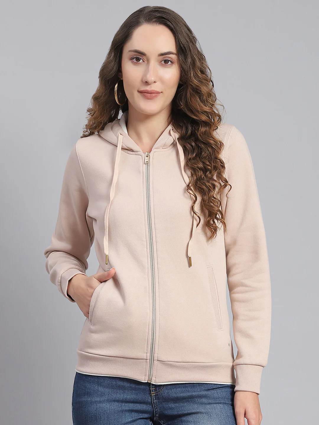 Women Beige Embroidered Hooded Full Sleeve Sweatshirts - Image 2