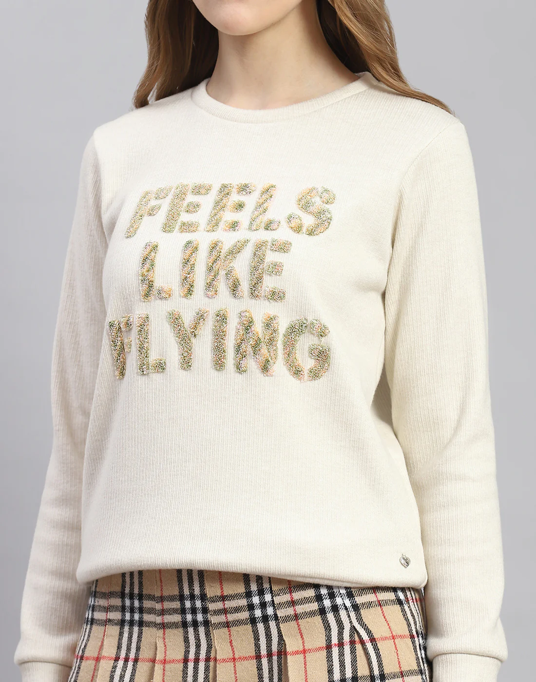 Women Beige Embroidered Round Neck Full Sleeve Sweatshirt - Image 6