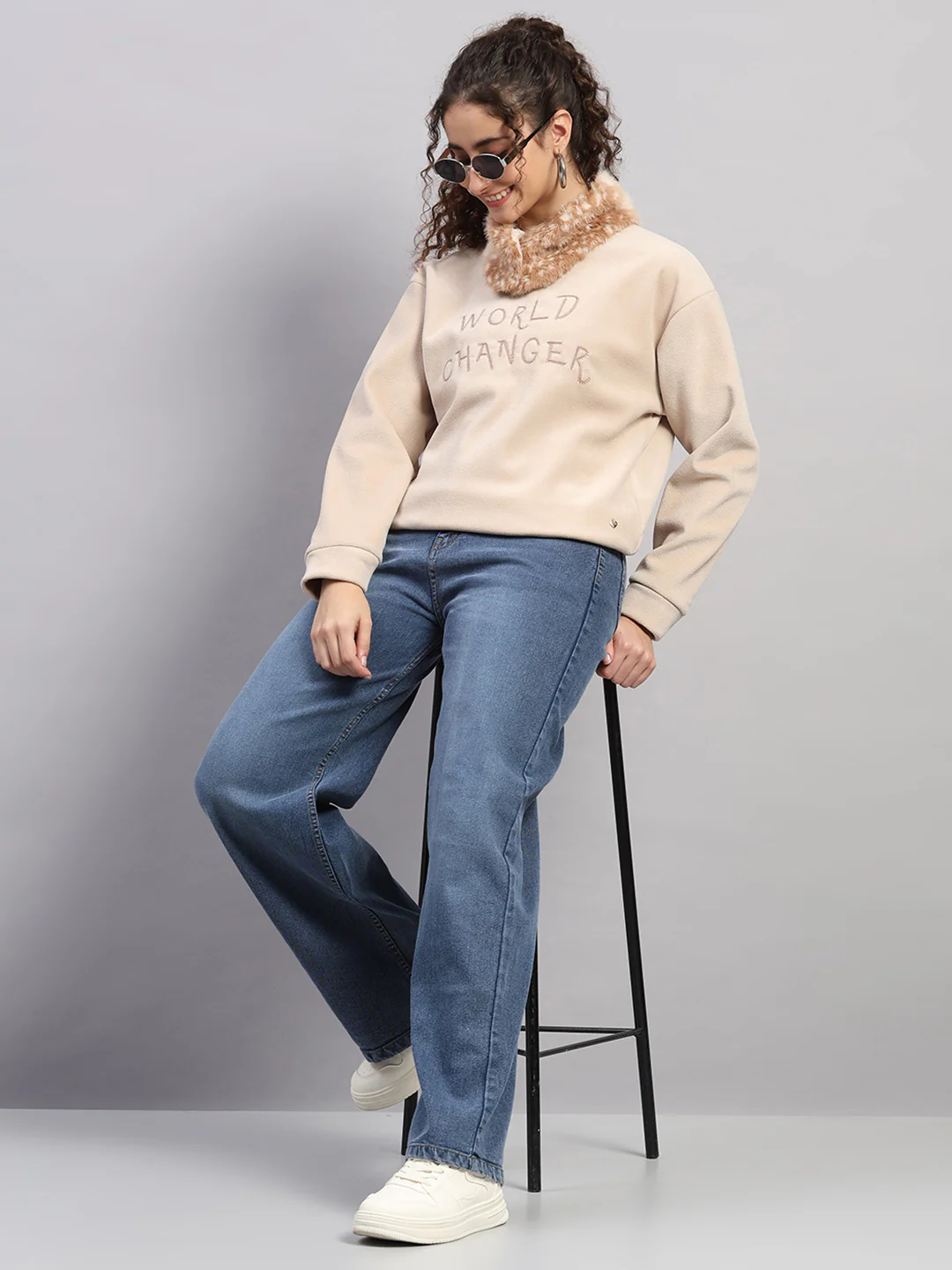 Women Beige Embroidered Round Neck Full Sleeve Sweatshirt - Image 2