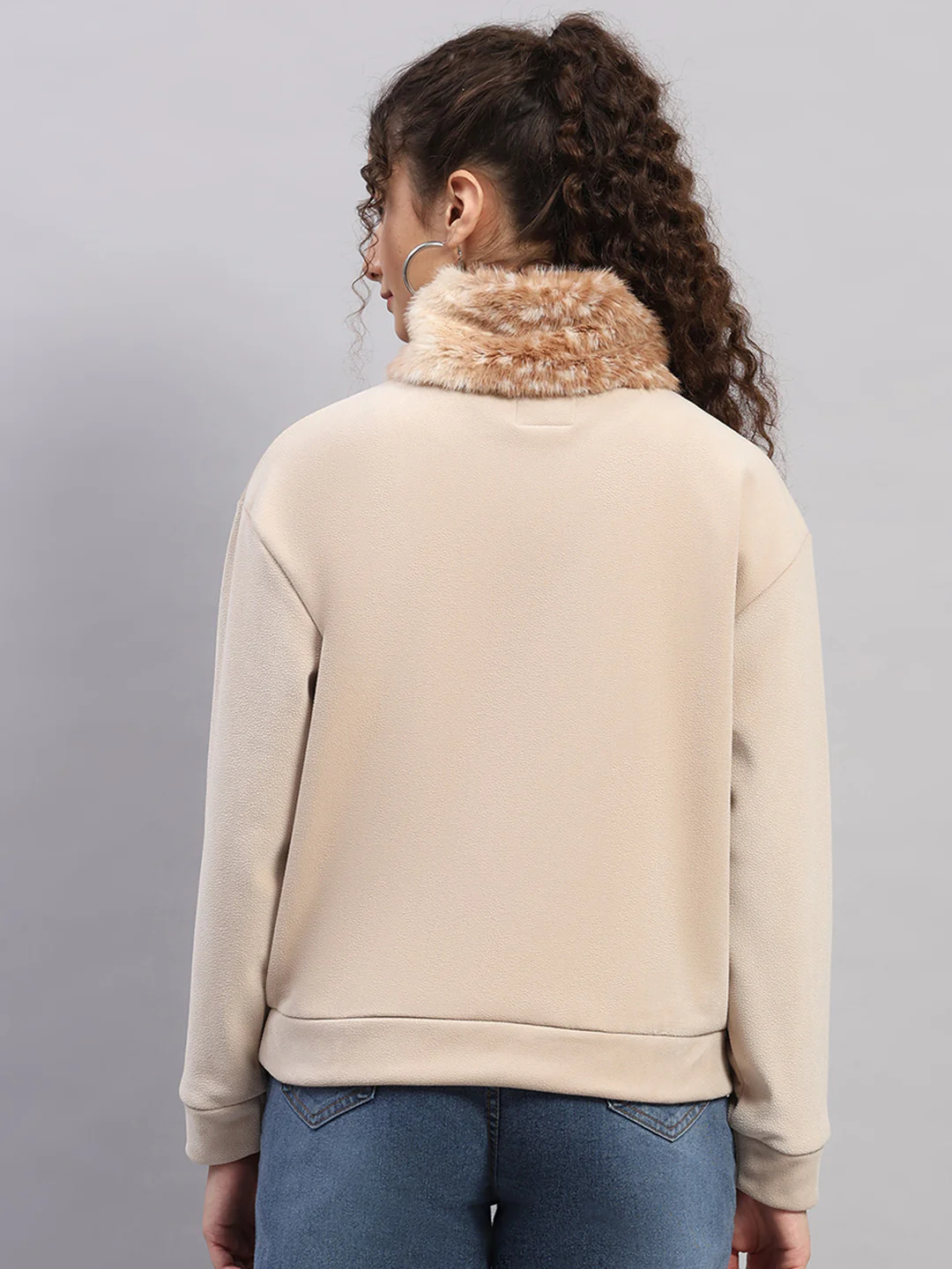 Women Beige Embroidered Round Neck Full Sleeve Sweatshirt - Image 5