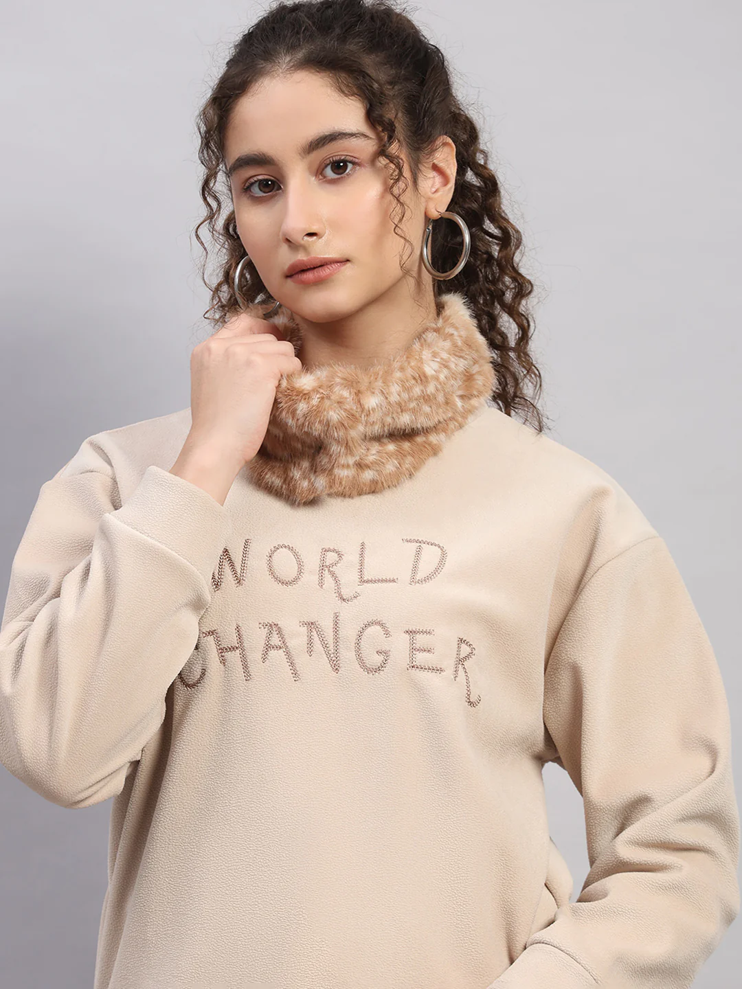 Women Beige Embroidered Round Neck Full Sleeve Sweatshirt - Image 8