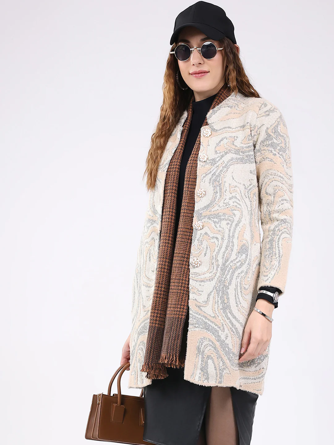 Women Beige Jacquard Round Neck Full Sleeve Knitted Coat - Image 6