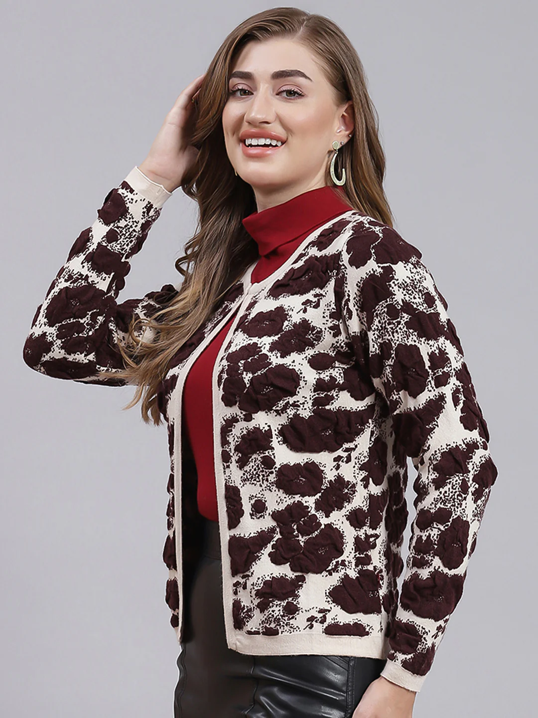 Women Beige Jaquard Wool blend Cardigan - Image 4