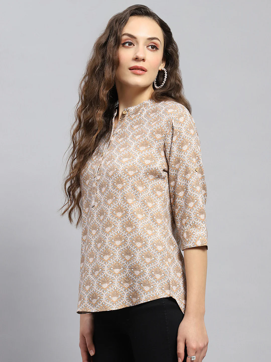 Women Beige Printed Band Collar 3/4 Sleeve Top - Image 3