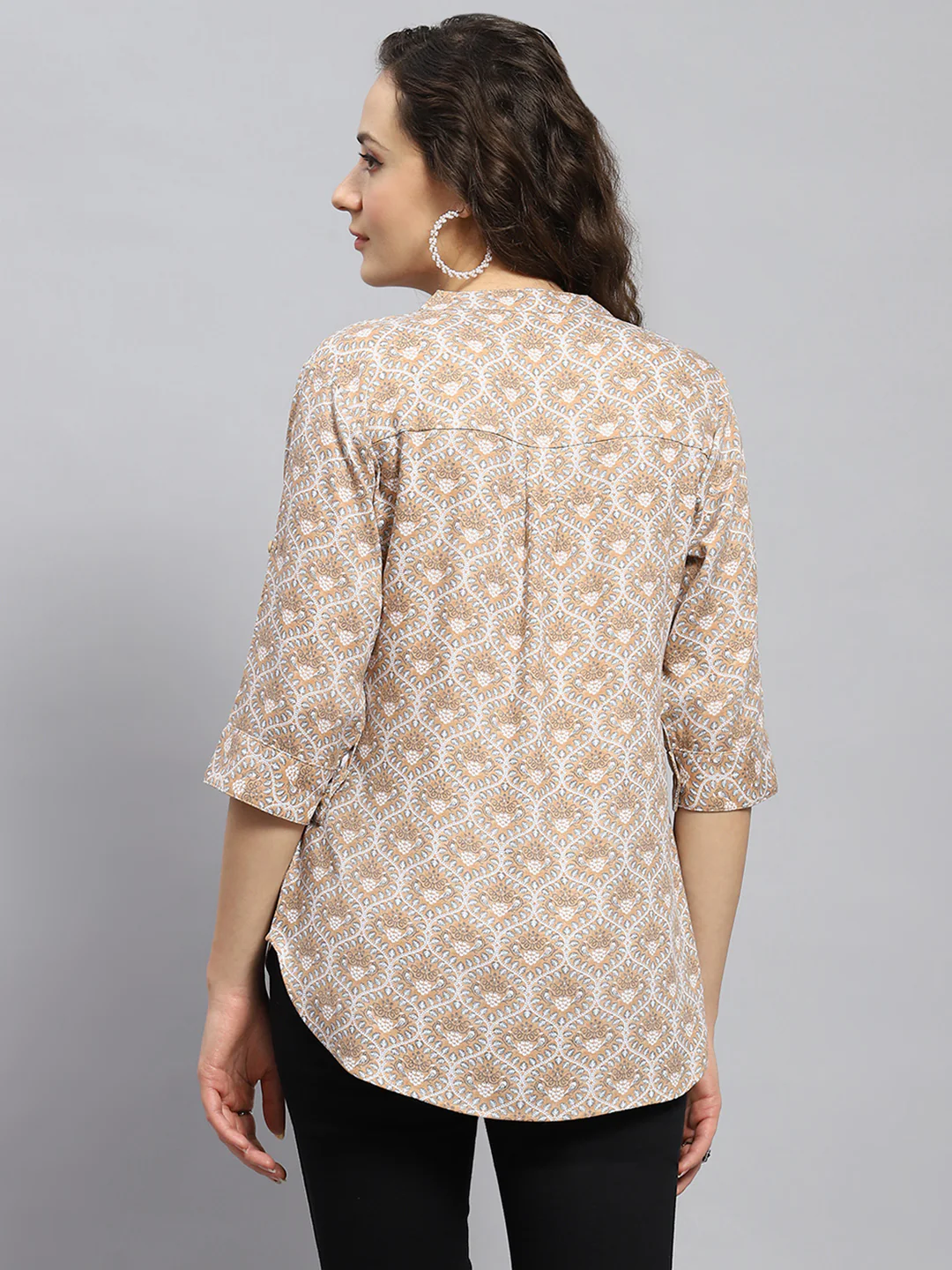 Women Beige Printed Band Collar 3/4 Sleeve Top - Image 5