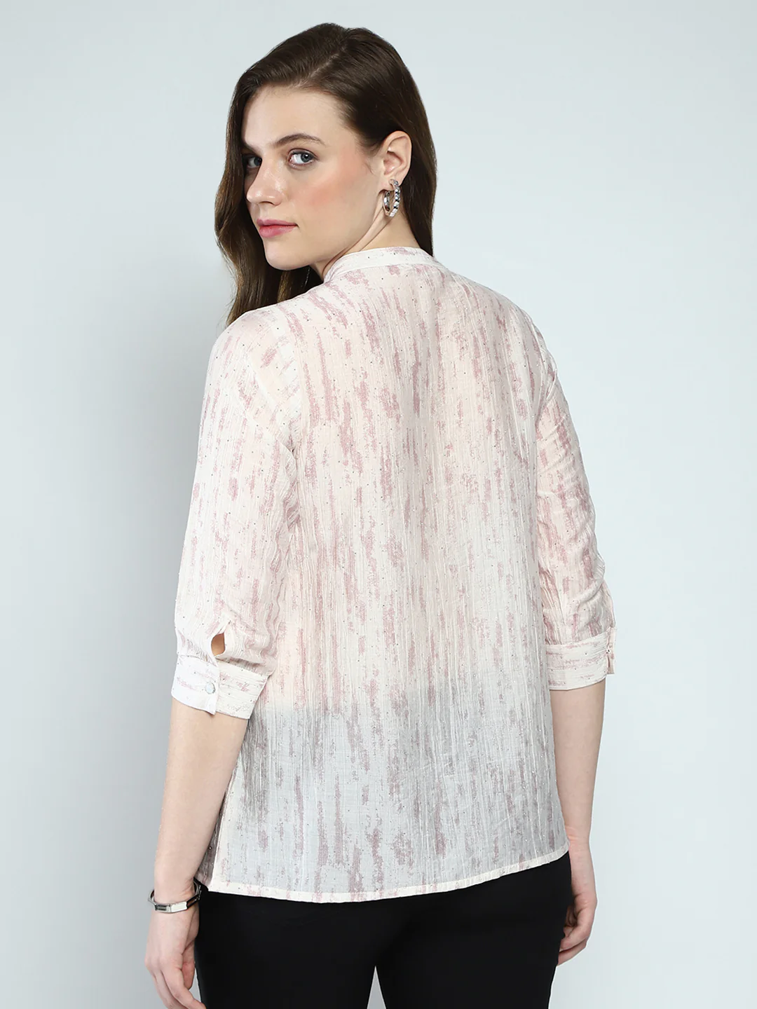Women Beige Printed Band Collar 3/4th Sleeve Top - Image 5