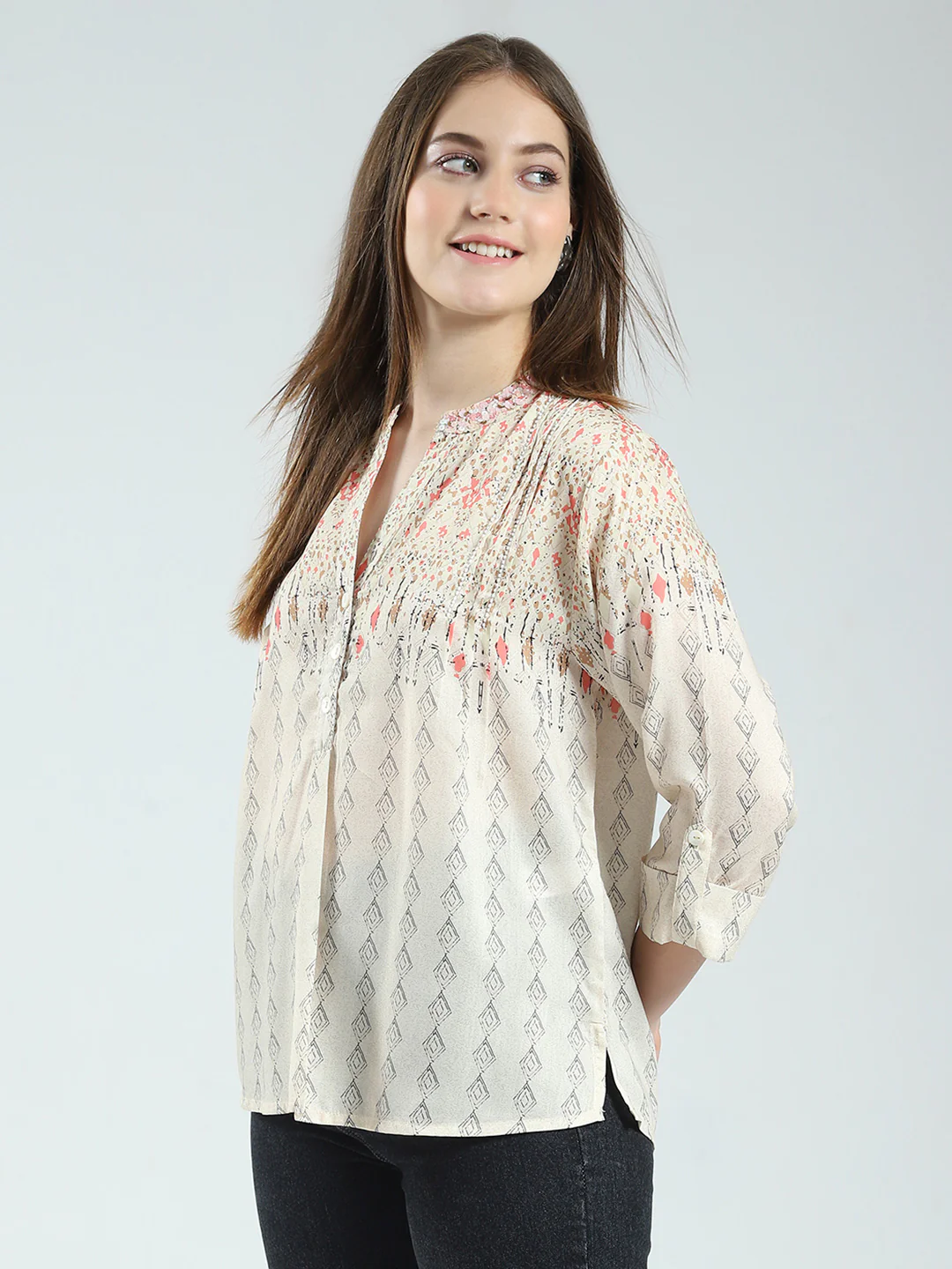 Women Beige Printed Band Neck 3/4th Sleeve Top - Image 3