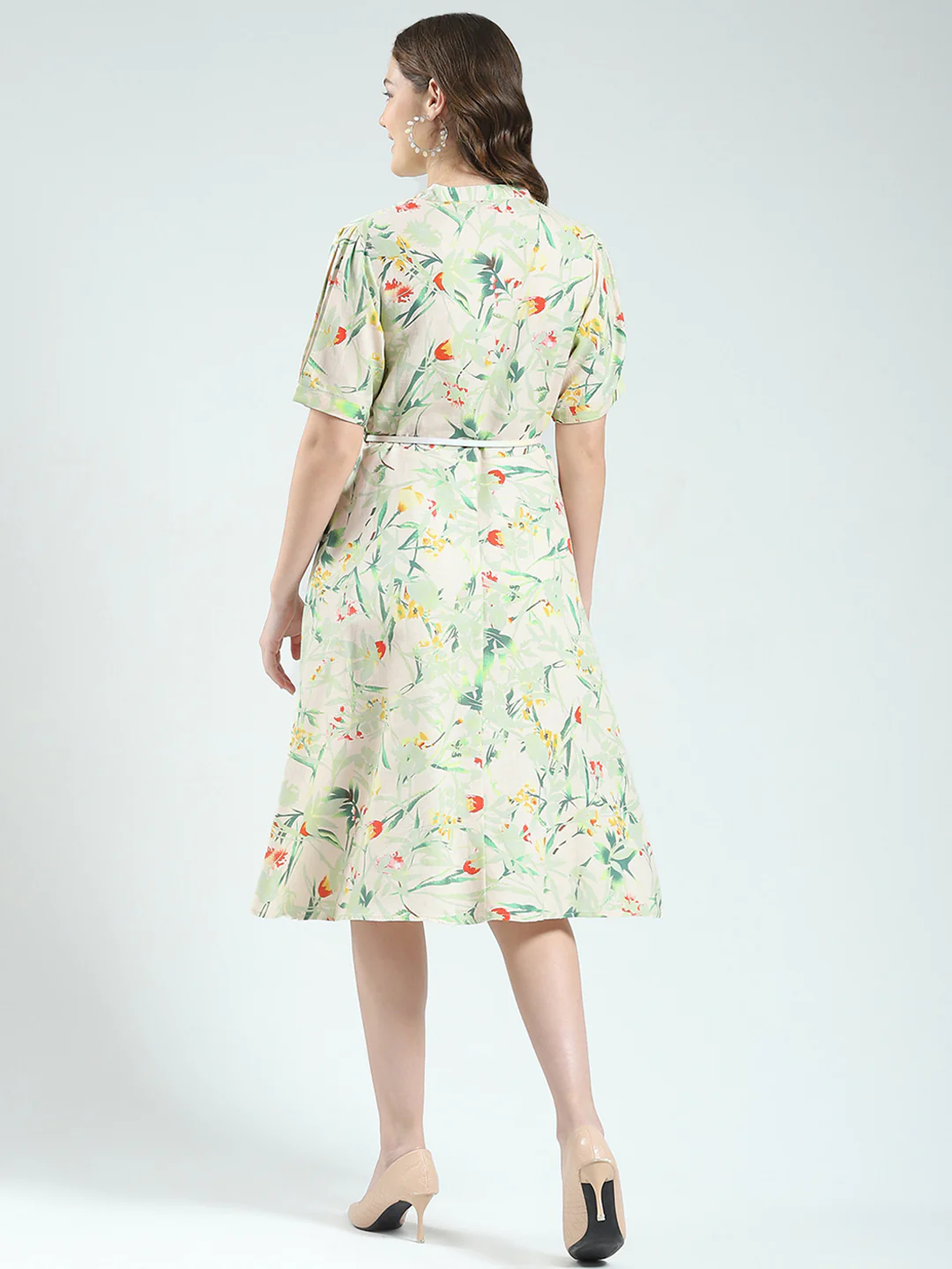 Women Beige Printed Band Neck Half Sleeve Dress - Image 2