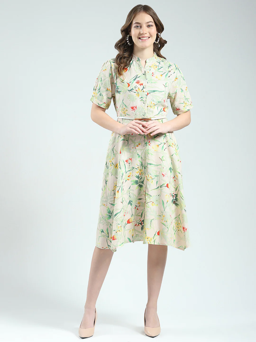 Women Beige Printed Band Neck Half Sleeve Dress - Image 3