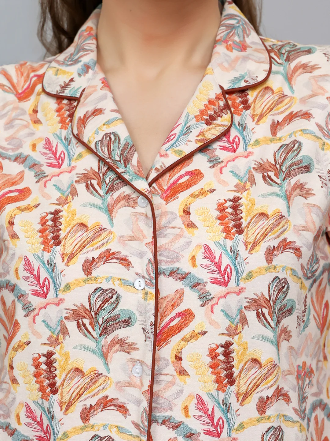 Women Beige Printed Collar Half Sleeve Lower Set - Image 4