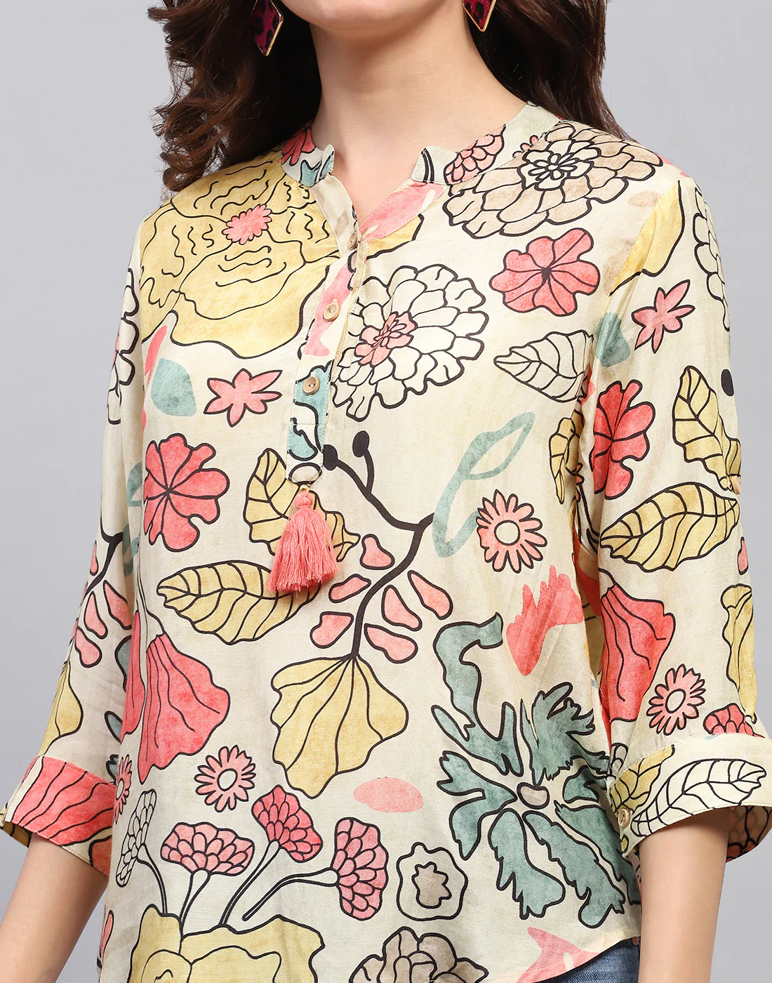 Women Beige Printed Fashion Neck 3/4 Sleeve Top - Image 6