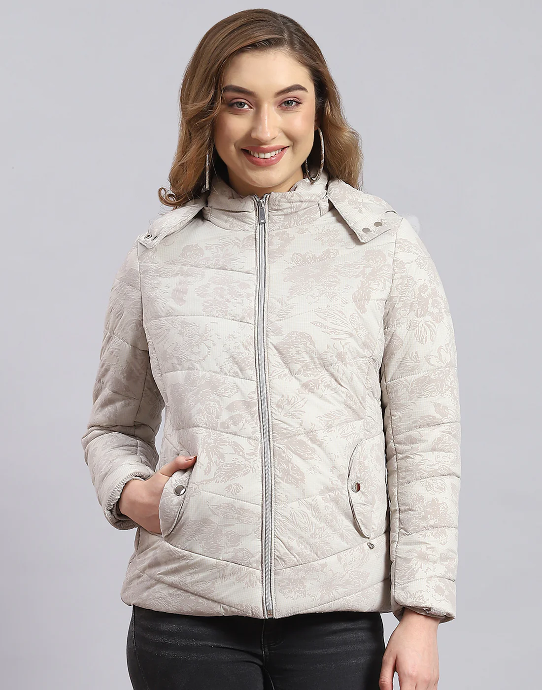 Women Beige Printed Hooded Full Sleeve Jacket - Image 2