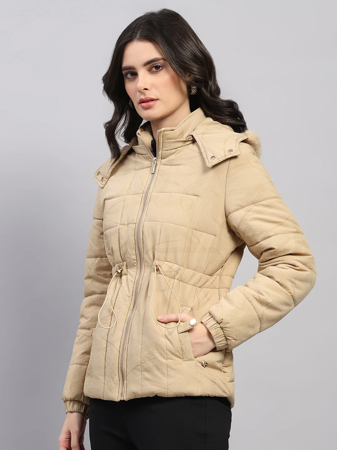 Women Beige Printed Hooded Full Sleeve Jacket (-10° Protection) - Image 3