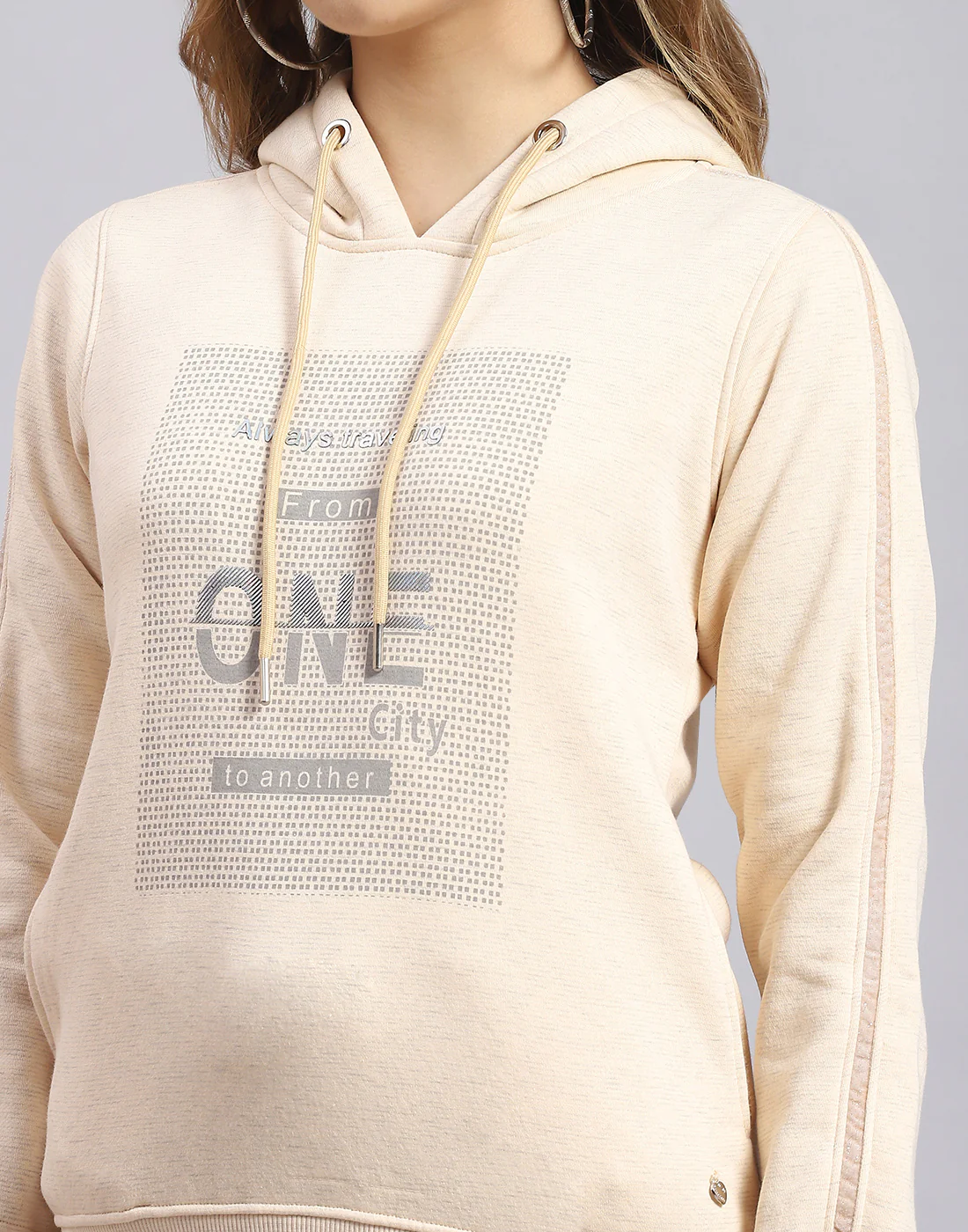 Women Beige Printed Hooded Full Sleeve Sweatshirt - Image 7