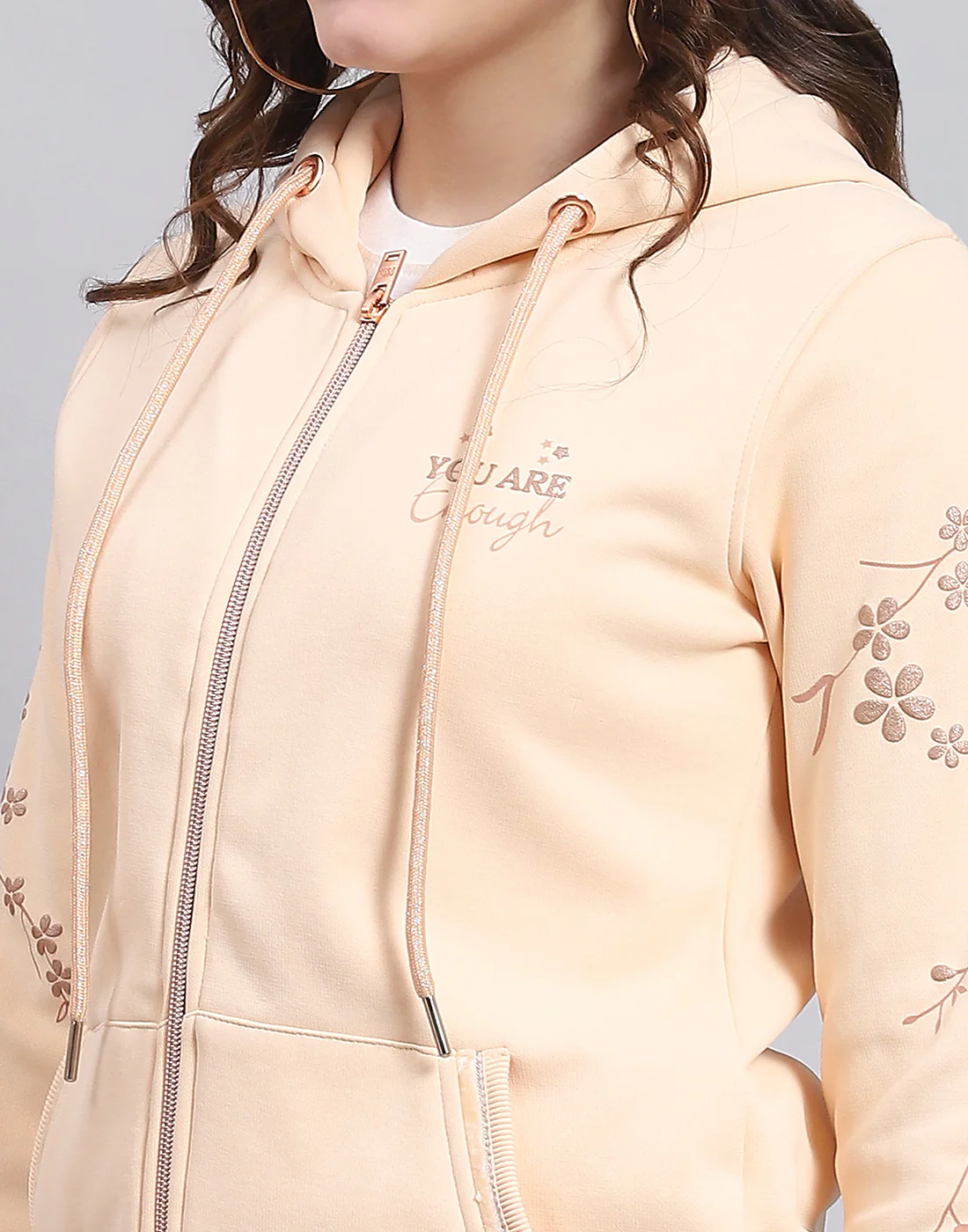 Women Beige Printed Hooded Full Sleeve Sweatshirt - Image 6