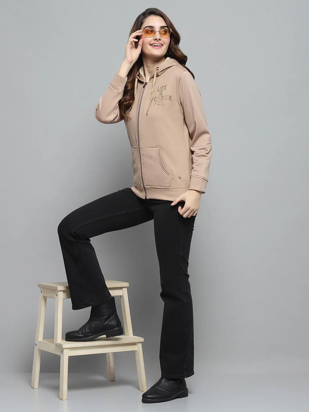 Women Beige Printed Hooded Full Sleeve Sweatshirt - Image 2