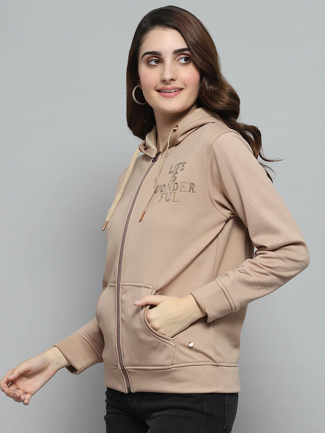 Women Beige Printed Hooded Full Sleeve Sweatshirt - Image 3