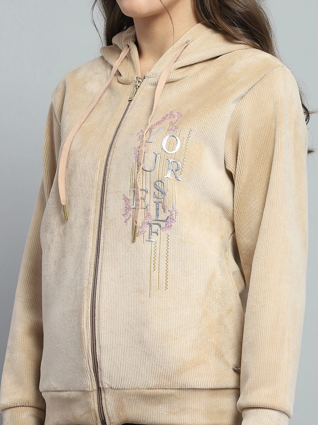 Women Beige Printed Hooded Full Sleeve Sweatshirt - Image 7