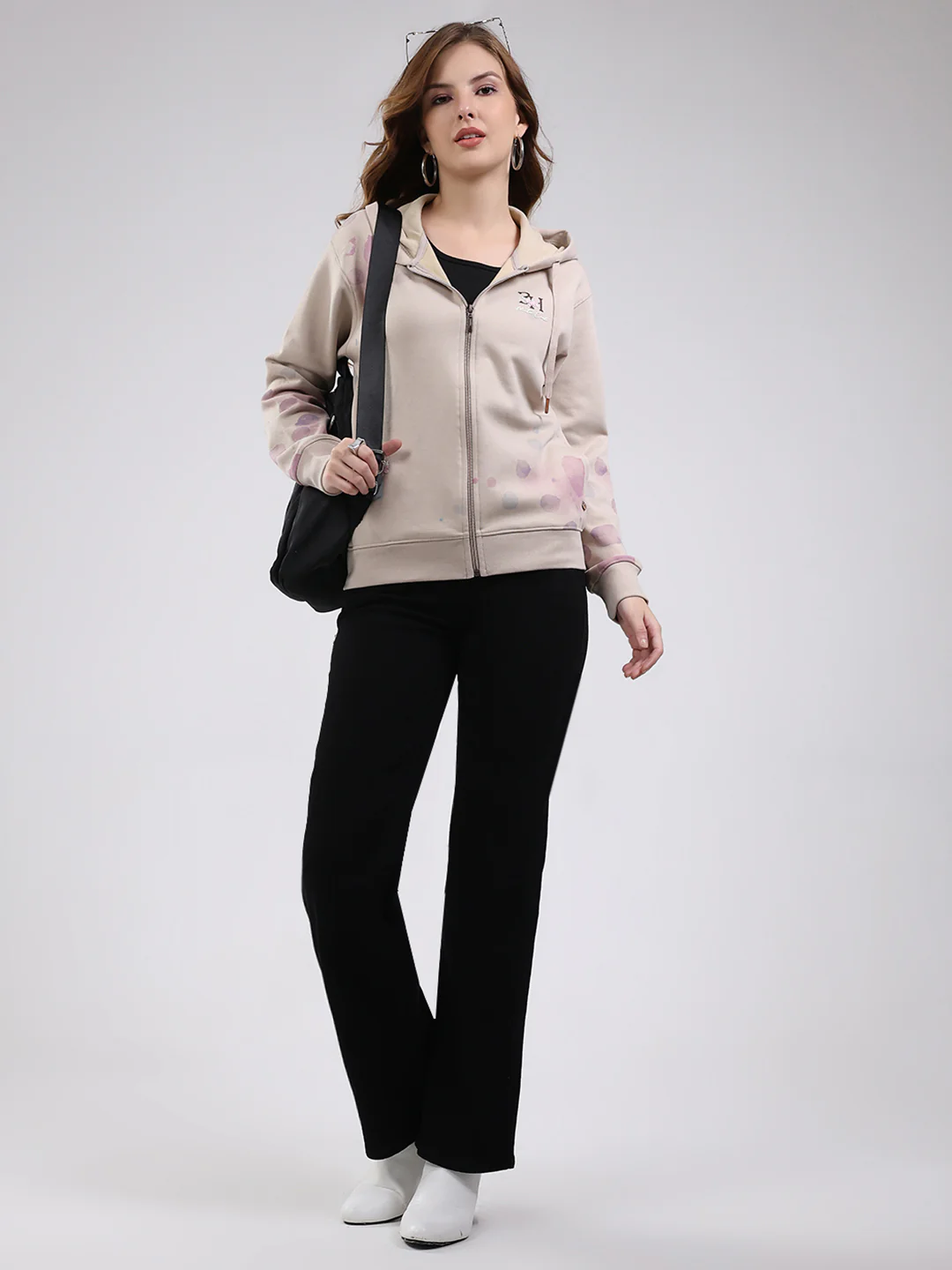 Women Beige Printed Hooded Full Sleeve Sweatshirt - Image 2