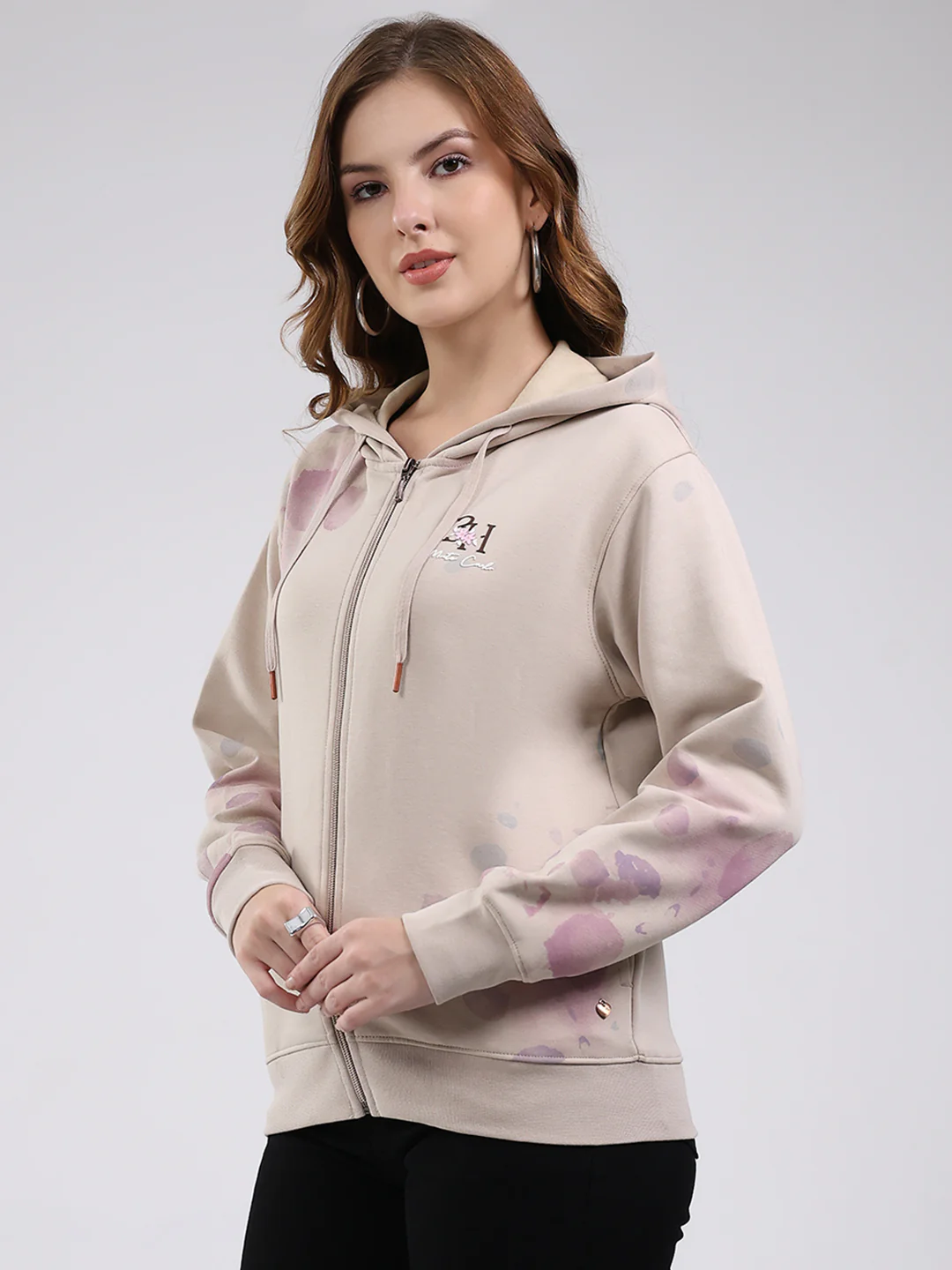 Women Beige Printed Hooded Full Sleeve Sweatshirt - Image 3