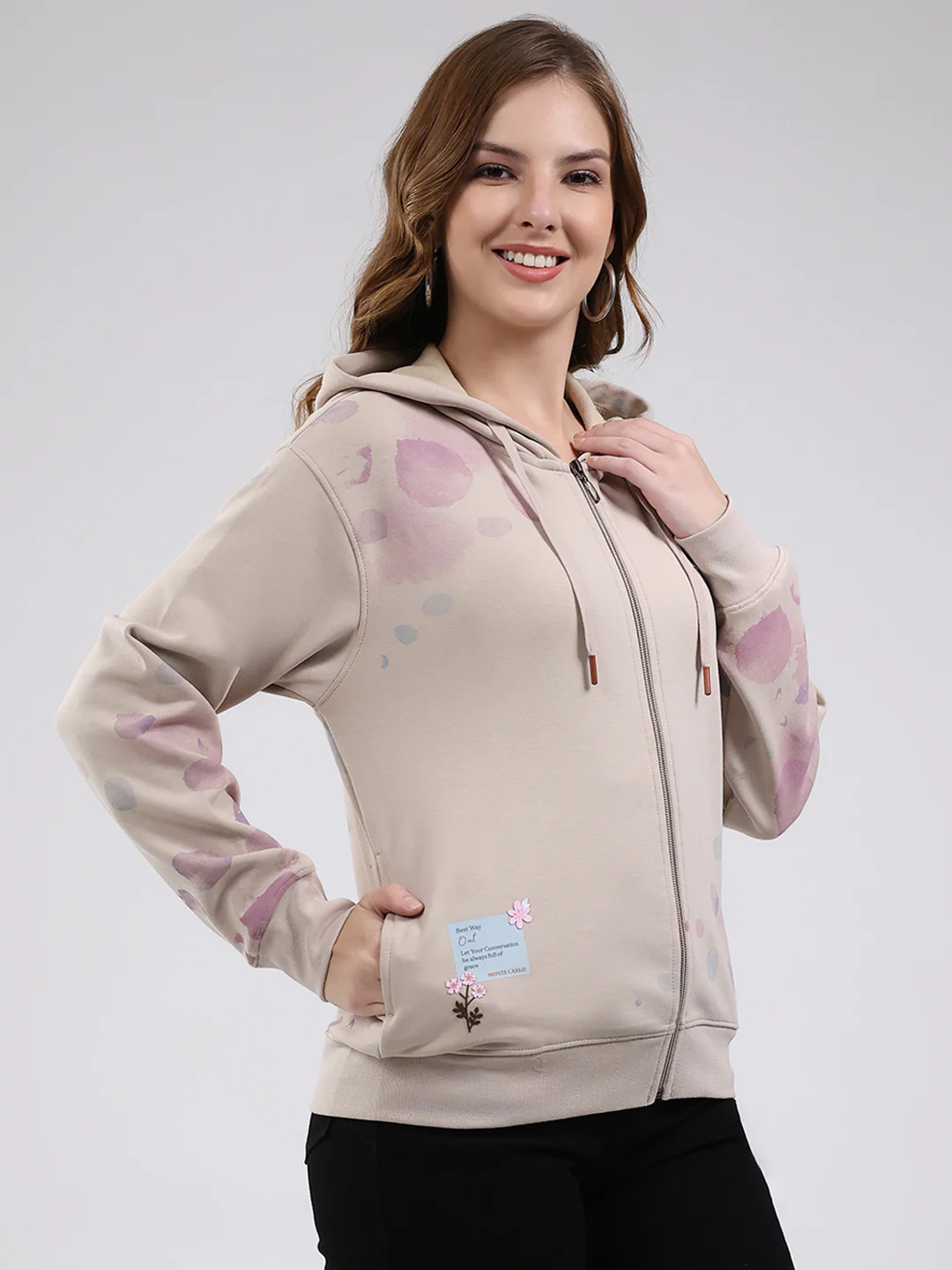 Women Beige Printed Hooded Full Sleeve Sweatshirt - Image 4