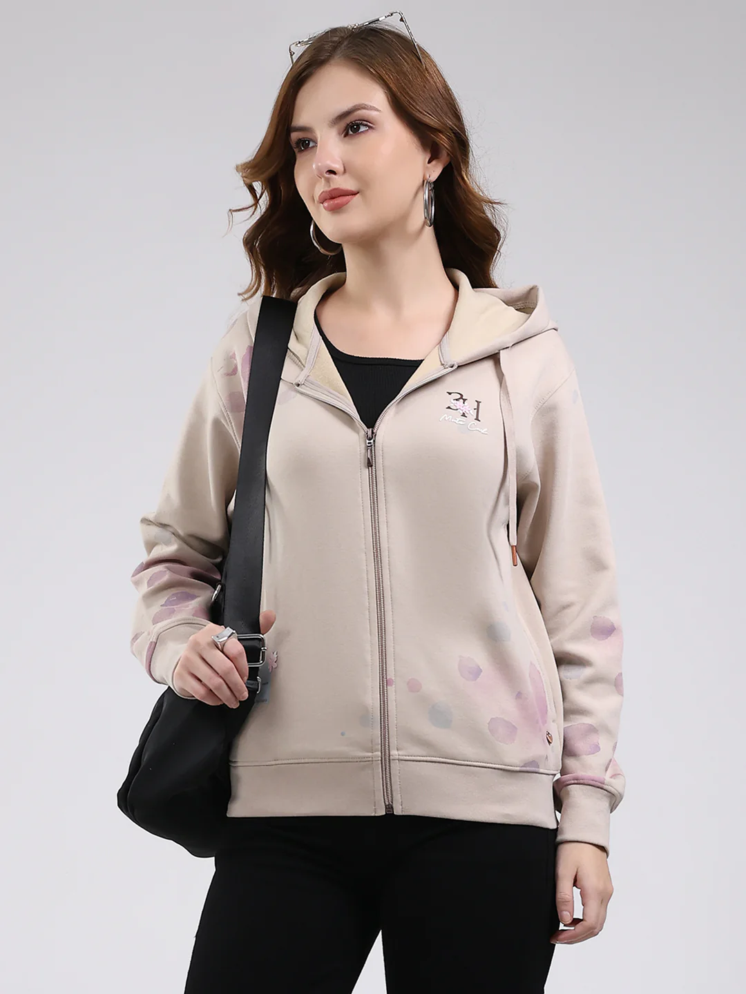 Women Beige Printed Hooded Full Sleeve Sweatshirt - Image 6