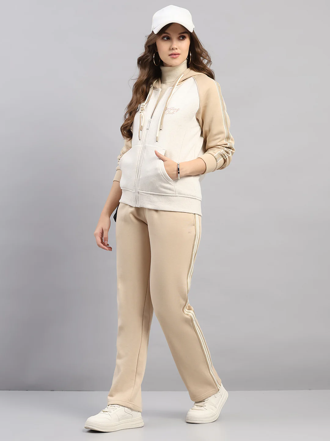 Women Beige Printed Hooded Full Sleeve Winter Tracksuit - Image 2