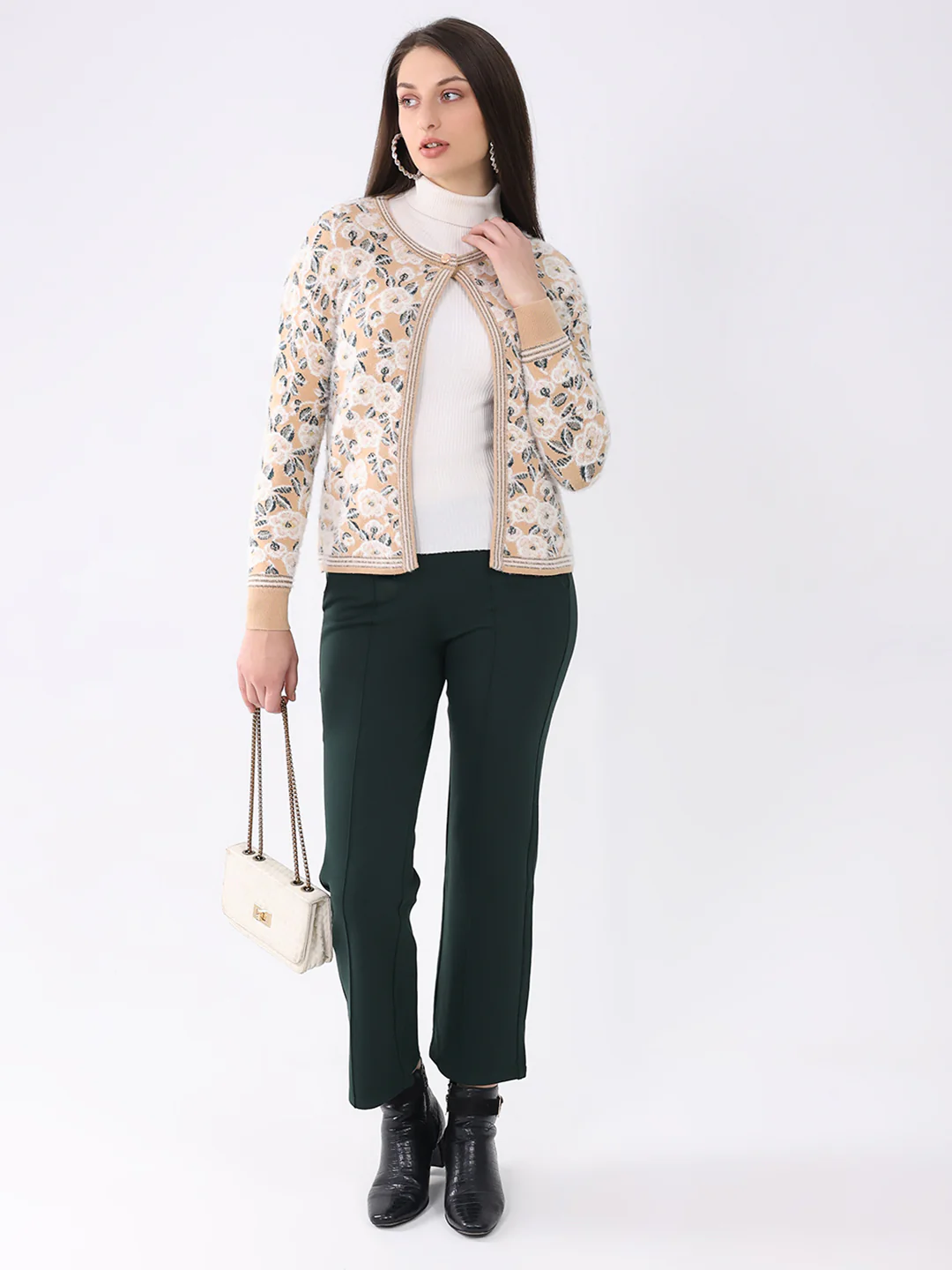 Women Beige Printed Round Neck Full Sleeve Cardigan - Image 2