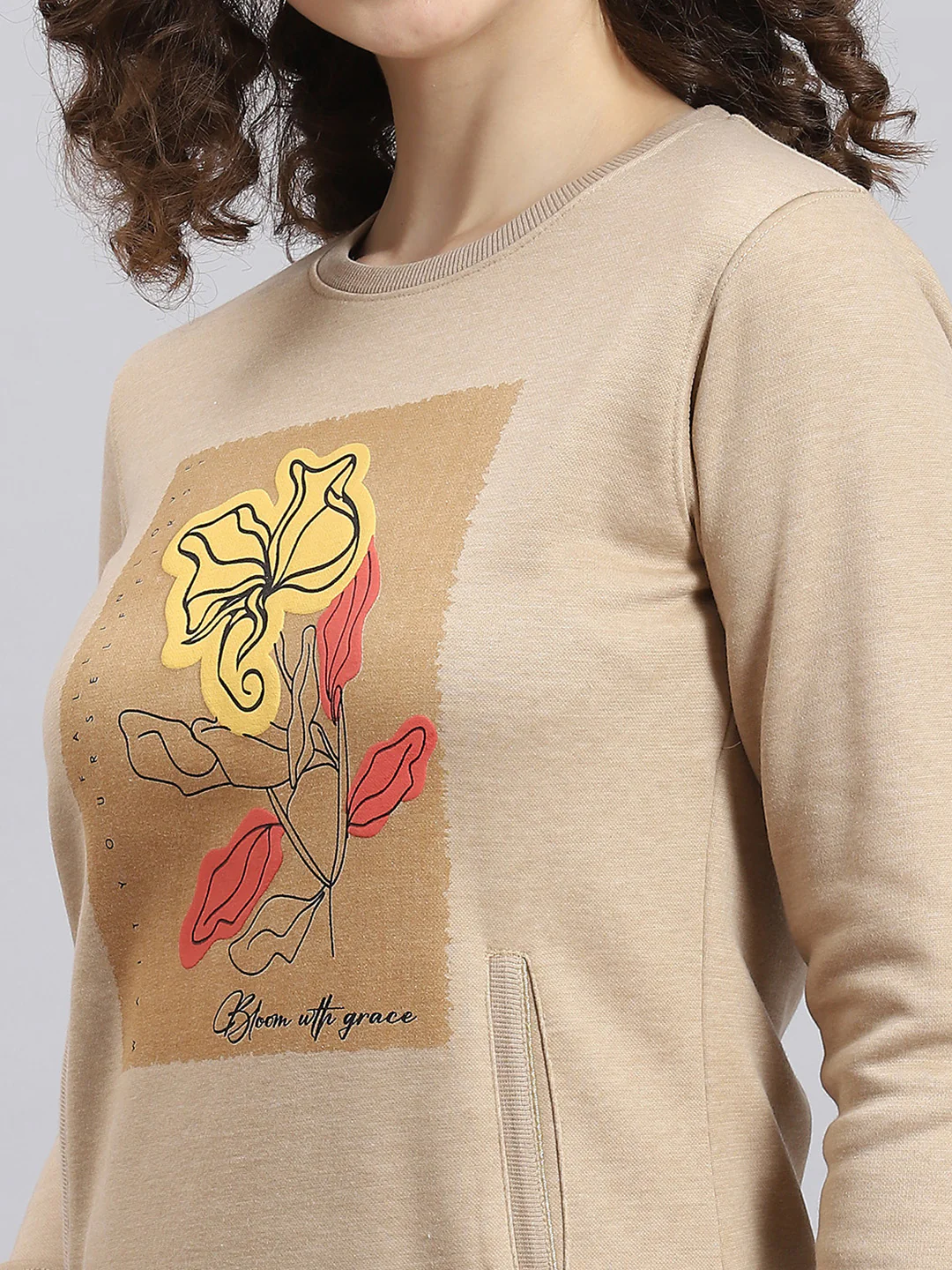 Women Beige Printed Round Neck Full Sleeve Sweatshirt - Image 6