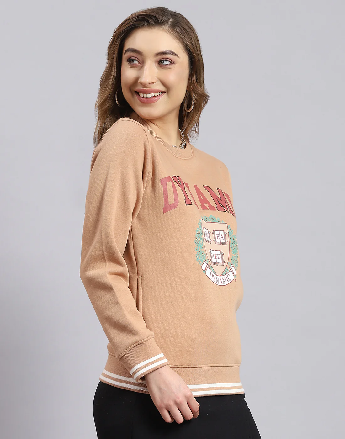 Women Beige Printed Round Neck Full Sleeve Sweatshirt - Image 5