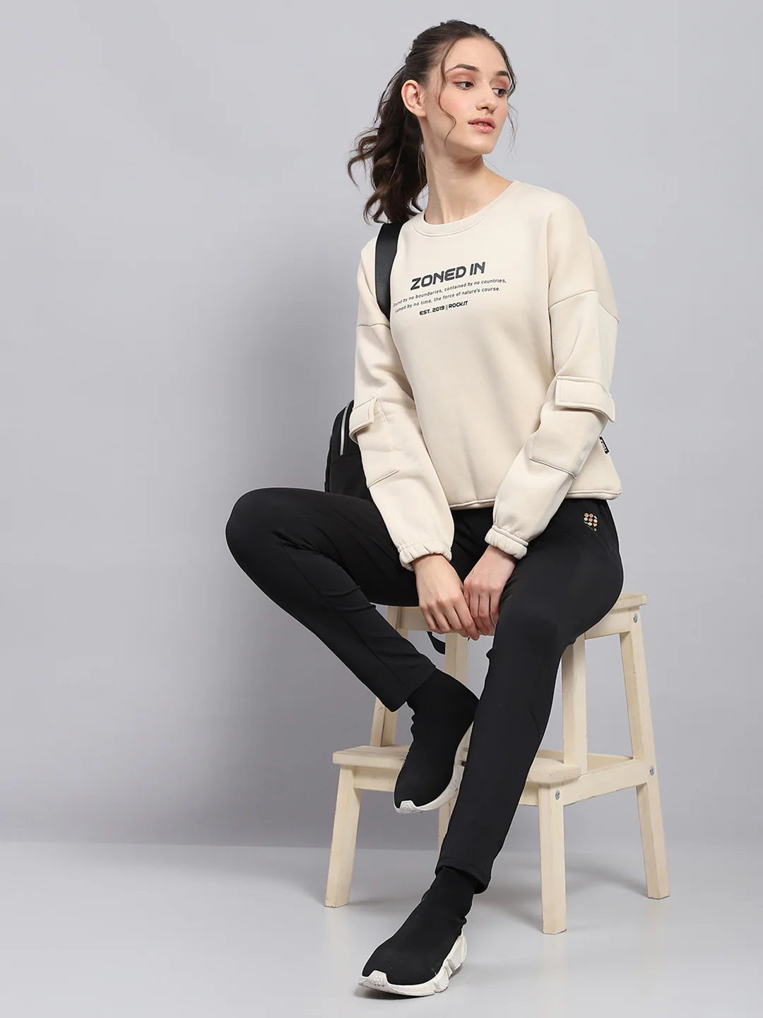 Rock.it Women Beige Printed Round Neck Full Sleeve Sweatshirt - Image 2