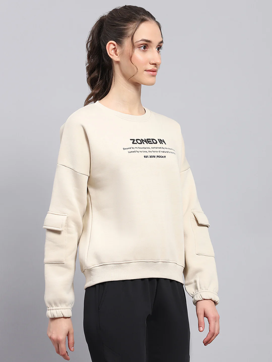 Rock.it Women Beige Printed Round Neck Full Sleeve Sweatshirt - Image 4