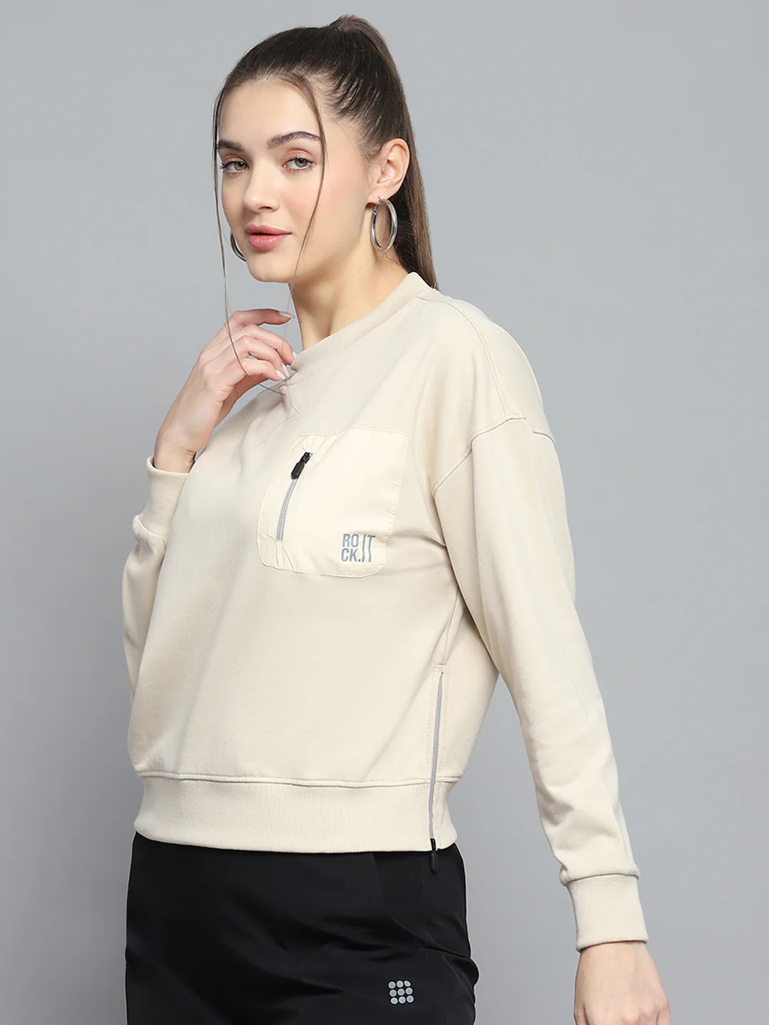 Rock.it Women Beige Printed Round Neck Full Sleeve Sweatshirt - Image 3