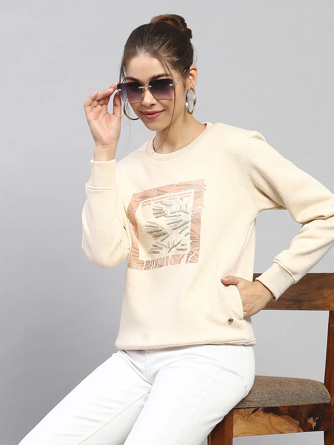 Women Beige Printed Round Neck Full Sleeve Sweatshirt - Image 6