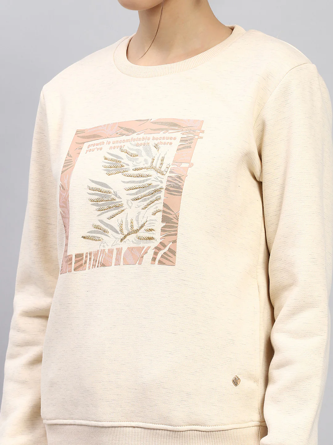 Women Beige Printed Round Neck Full Sleeve Sweatshirt - Image 7