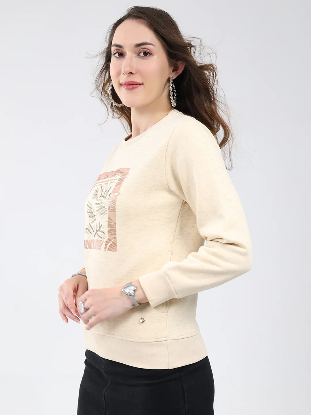Women Beige Printed Round Neck Full Sleeve Sweatshirt - Image 3