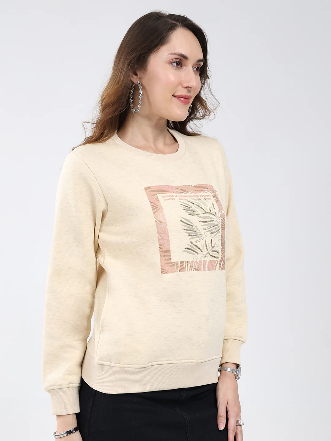 Women Beige Printed Round Neck Full Sleeve Sweatshirt - Image 4