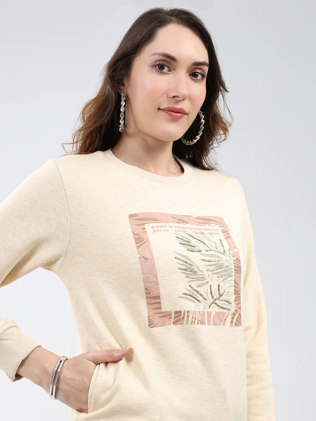 Women Beige Printed Round Neck Full Sleeve Sweatshirt - Image 7