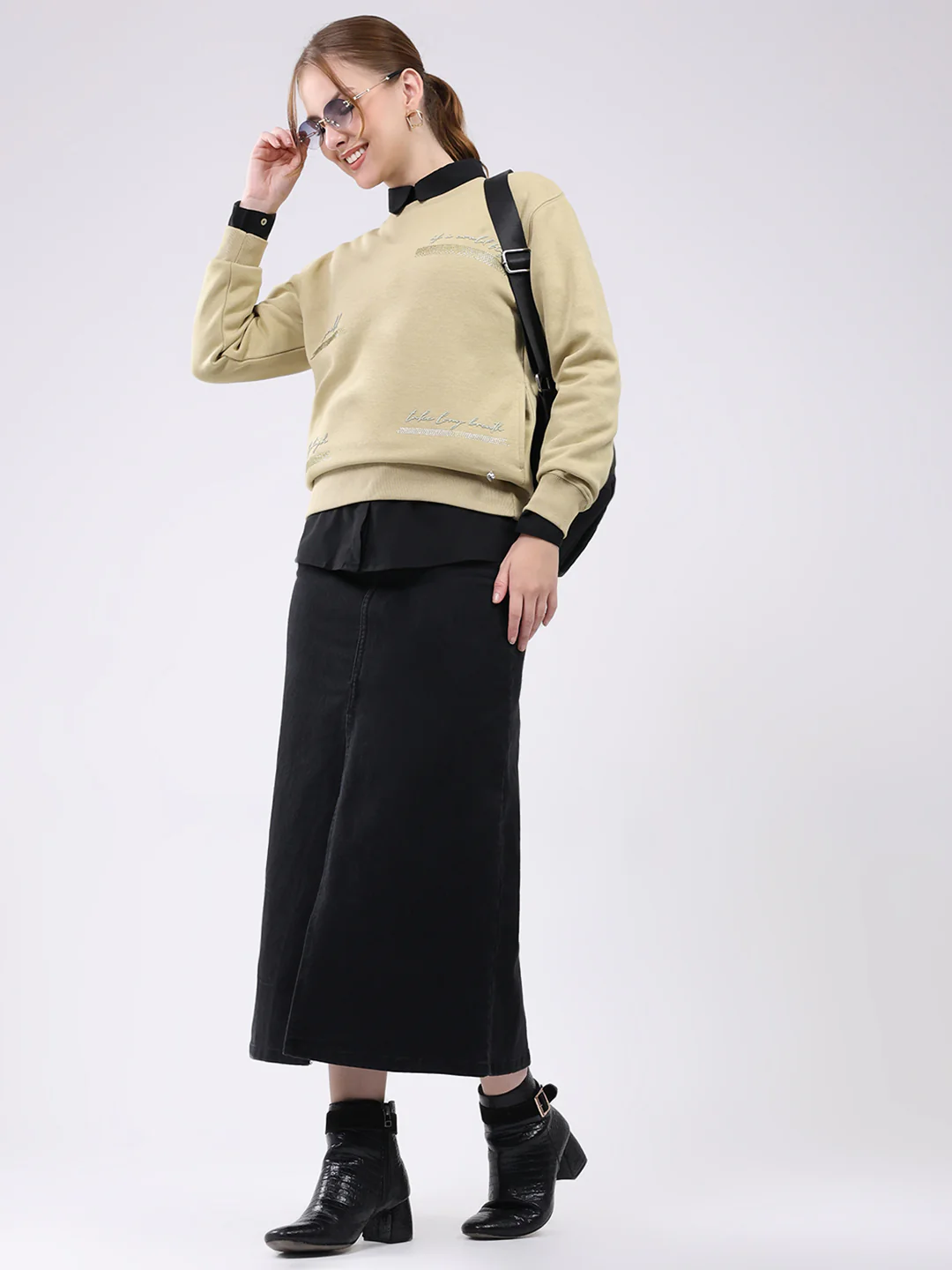 Women Beige Printed Round Neck Full Sleeve Sweatshirt - Image 2