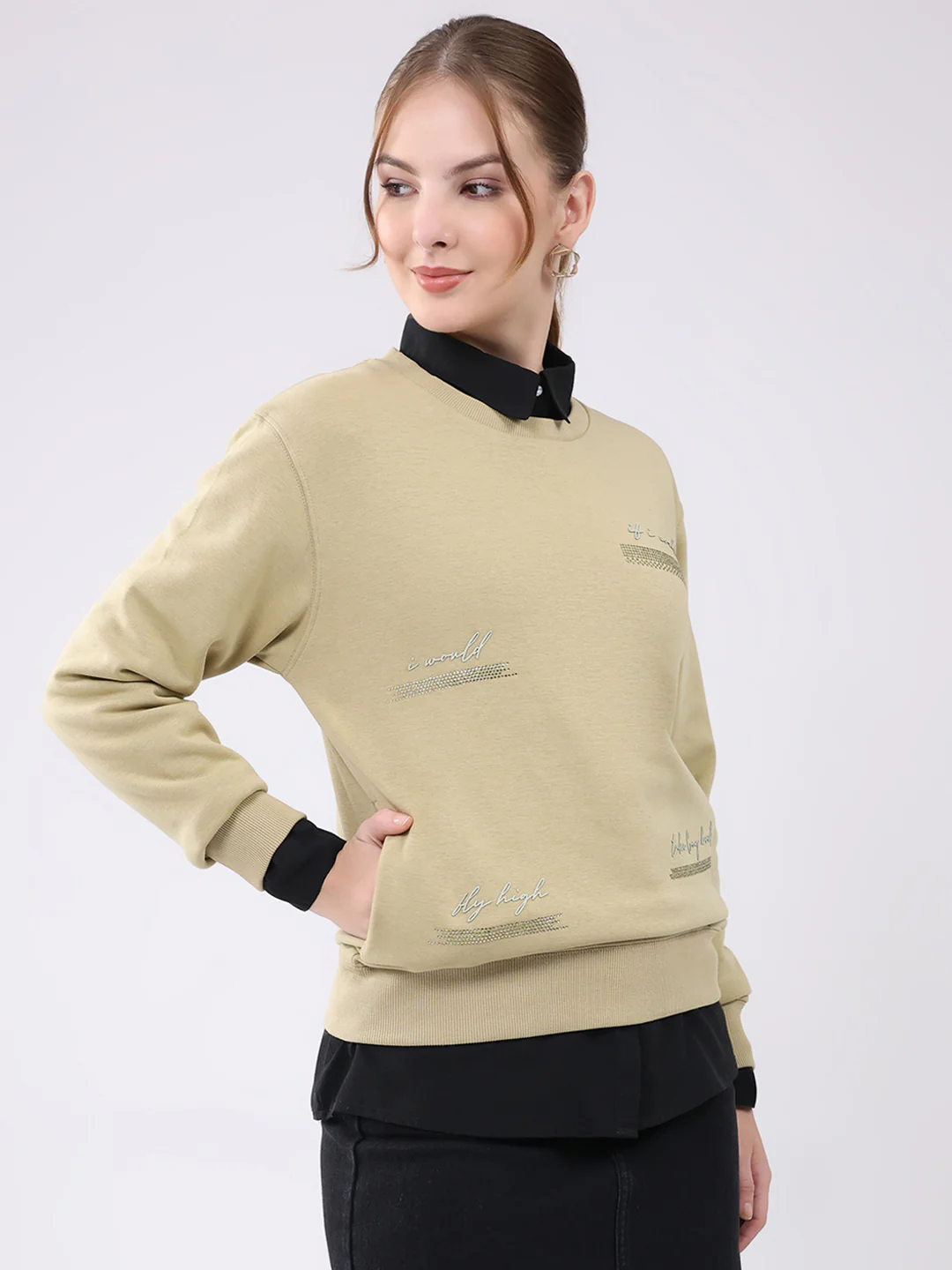 Women Beige Printed Round Neck Full Sleeve Sweatshirt - Image 4