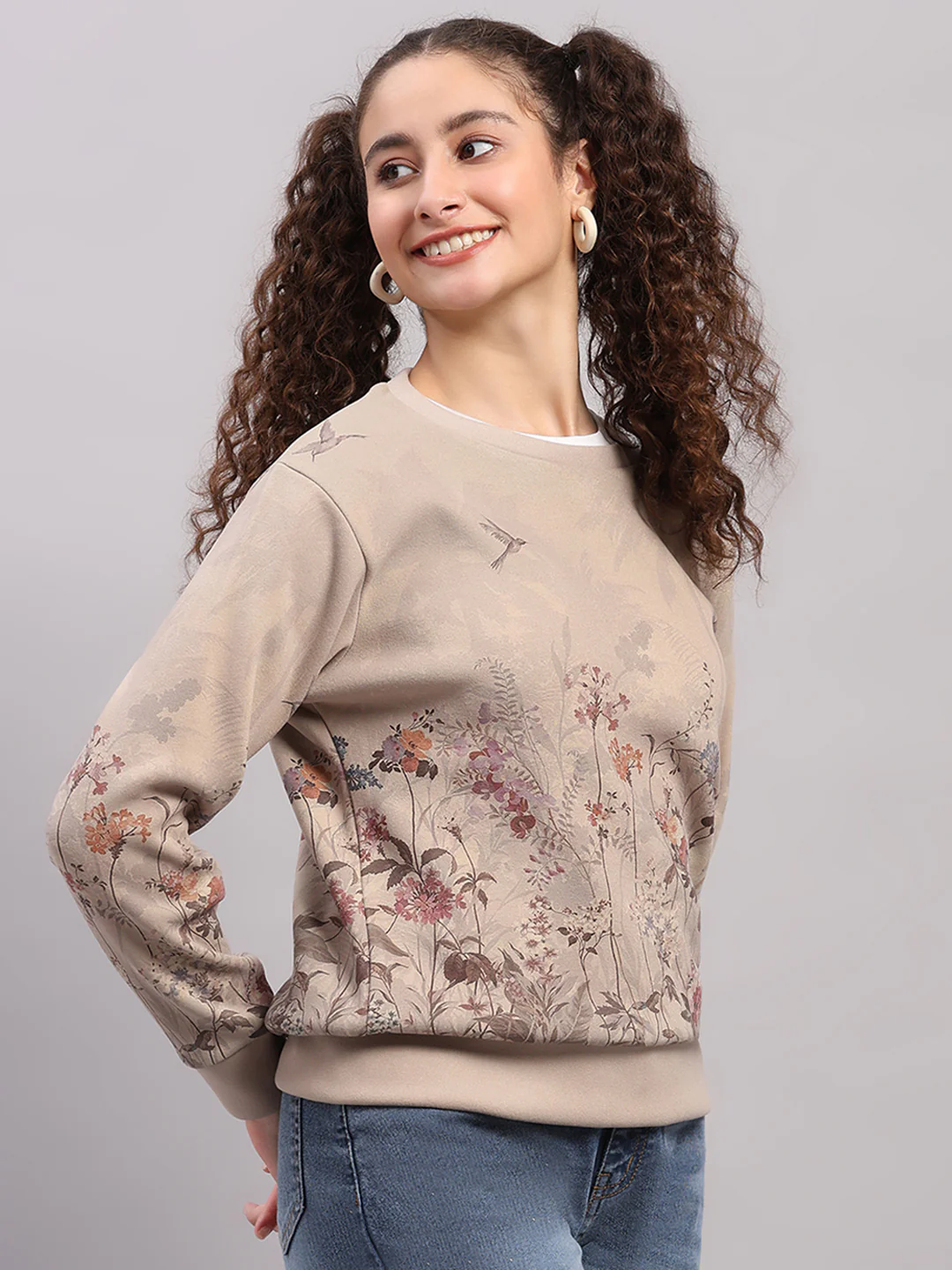 Women Beige Printed Round Neck Full Sleeve Sweatshirt - Image 4