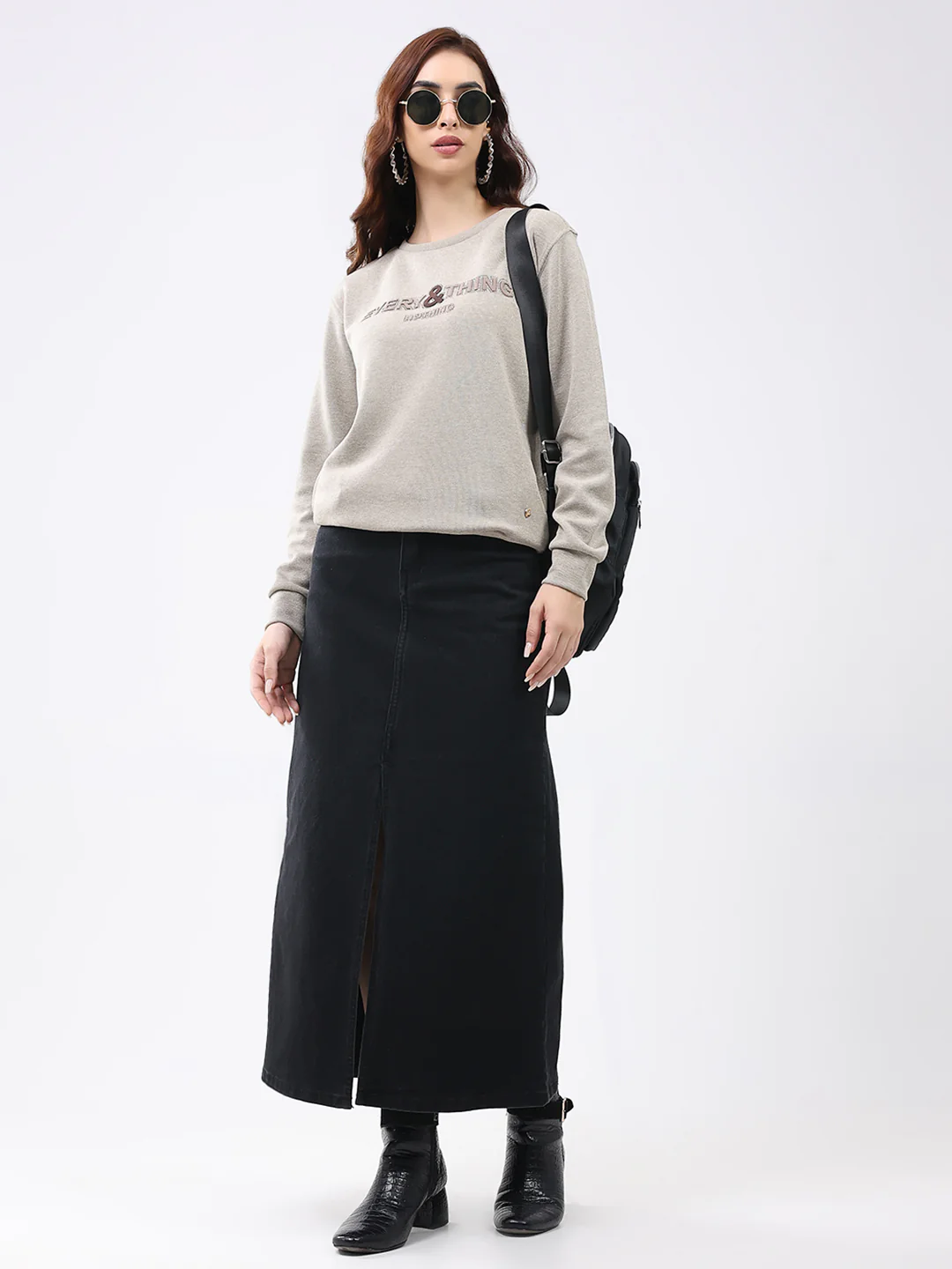 Women Beige Printed Round Neck Full Sleeve Winter Top - Image 2